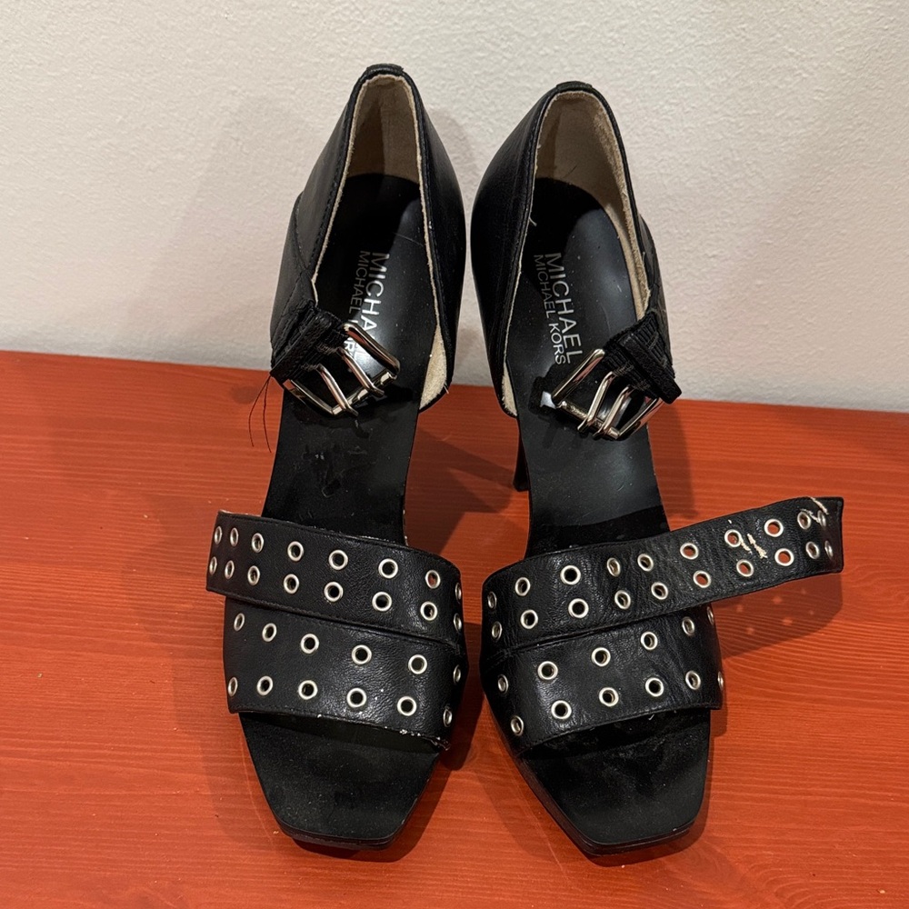 Michael Kors Black Heeled Sandals with Silver Accents